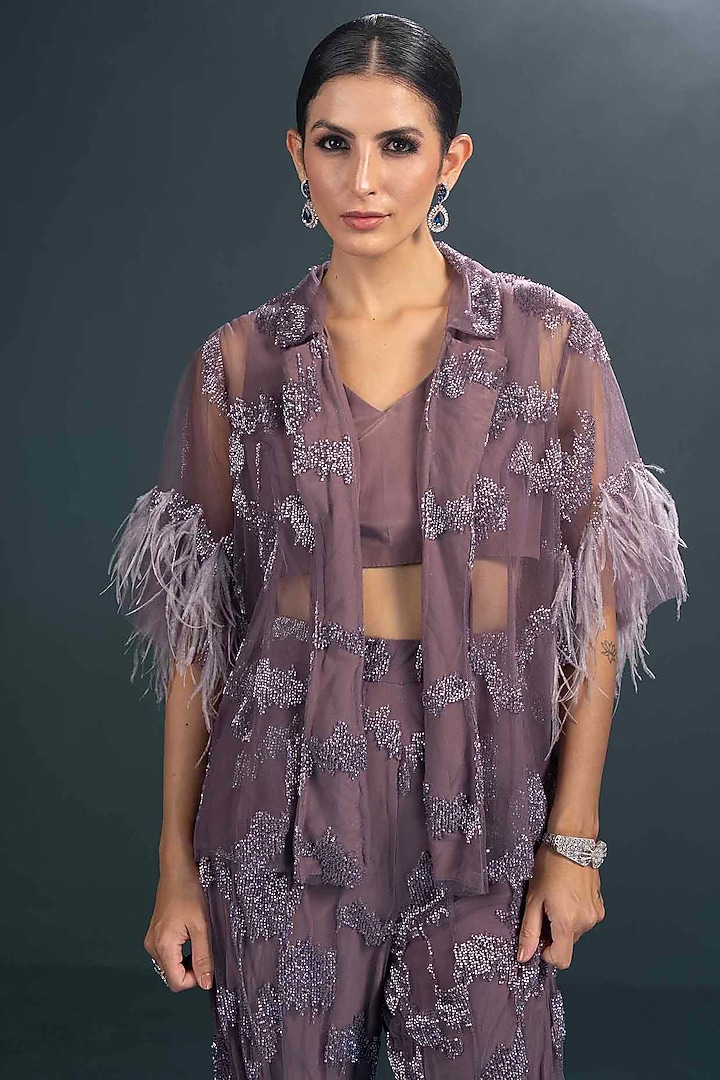 Purple Viscose Applique Hand Embroidered Gharara Set by Not So Serious by Pallavi Mohan at Pernia's Pop Up Shop