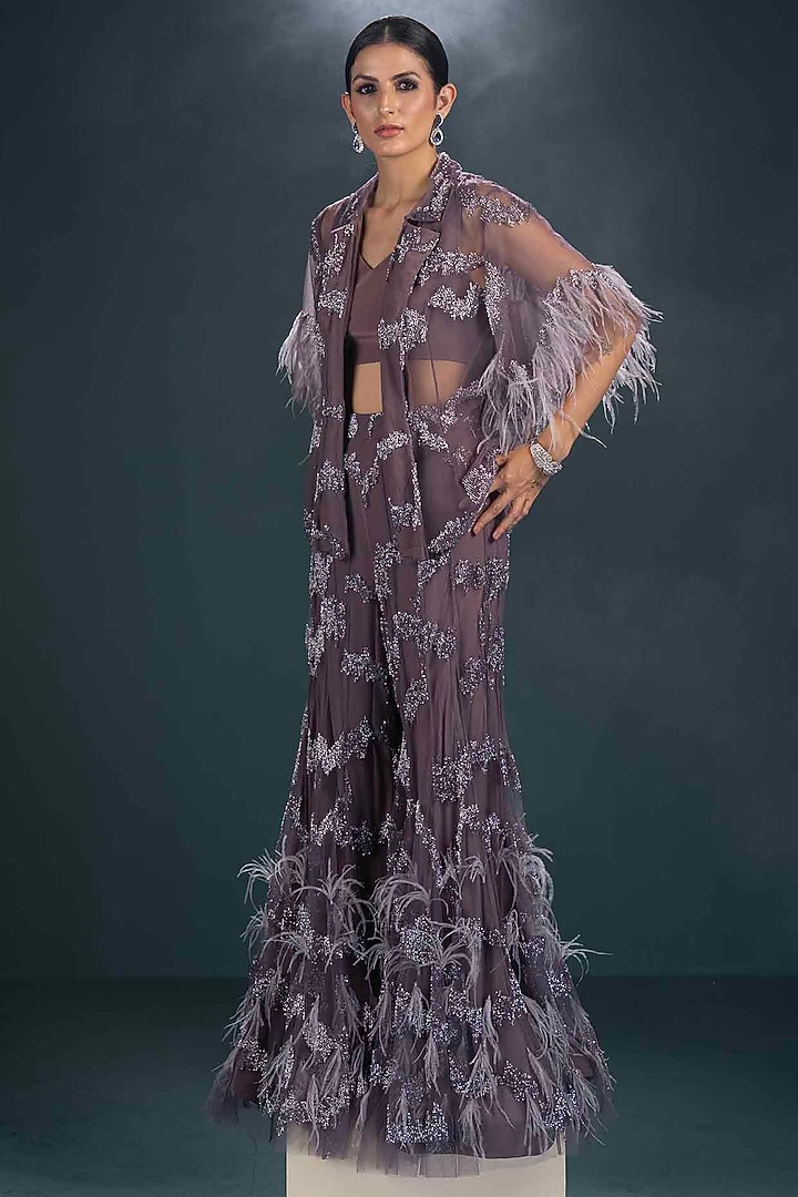 Purple Viscose Applique Hand Embroidered Gharara Set by Not So Serious by Pallavi Mohan at Pernia's Pop Up Shop