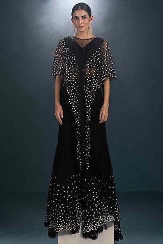 Black Viscose Crepe Hand Embroidered Jacket Set by Not So Serious by Pallavi Mohan