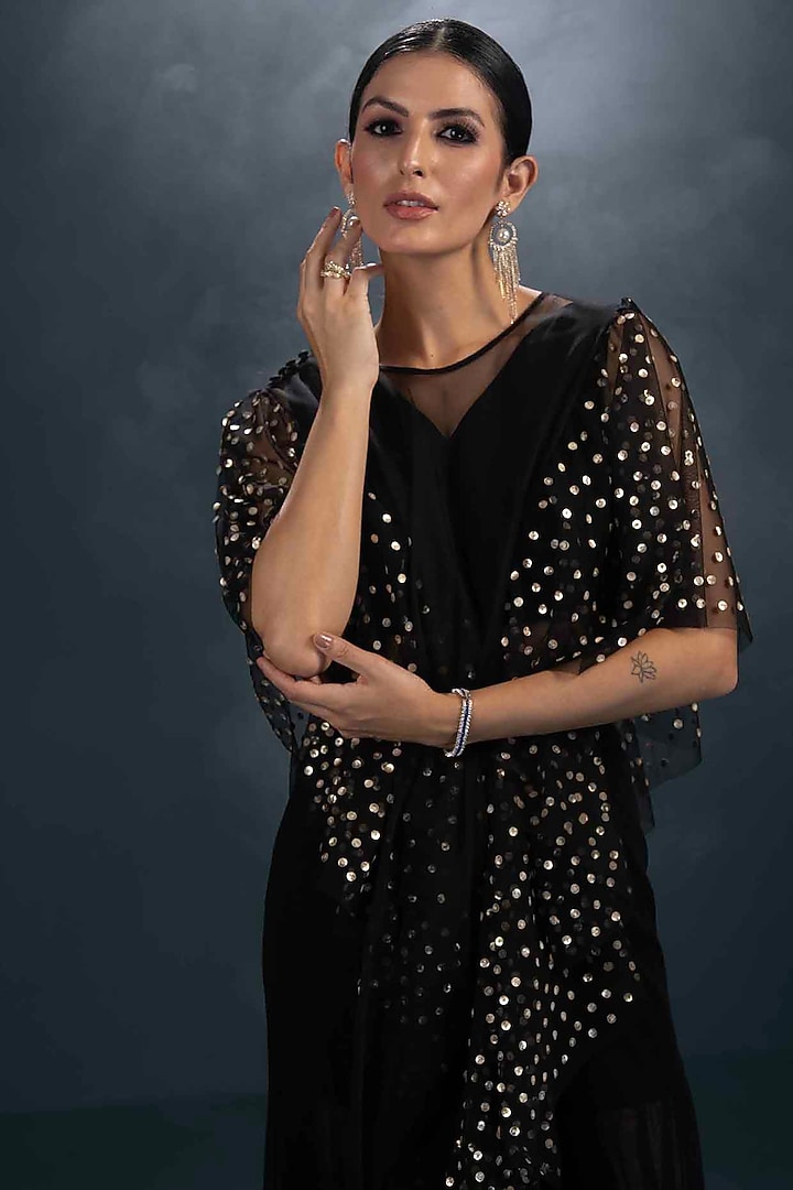 Black Viscose Crepe Hand Embroidered Jacket Set by Not So Serious by Pallavi Mohan at Pernia's Pop Up Shop