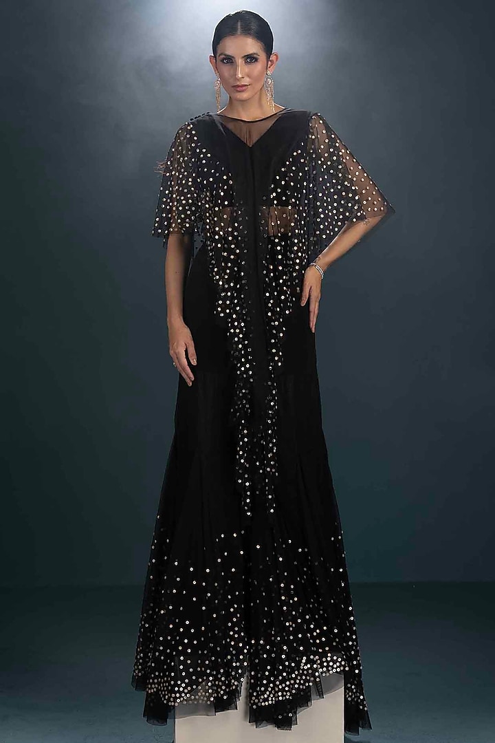 Black Viscose Crepe Hand Embroidered Jacket Set by Not So Serious by Pallavi Mohan at Pernia's Pop Up Shop