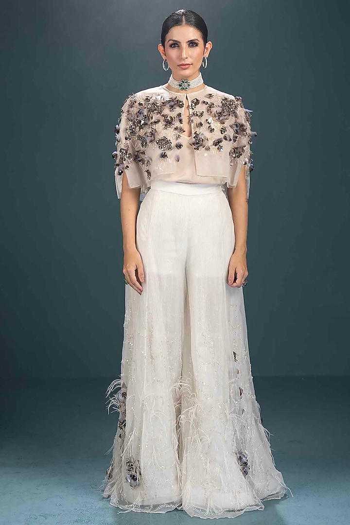 Off-White Silk & Viscose Gharara Set by Not So Serious by Pallavi Mohan at Pernia's Pop Up Shop