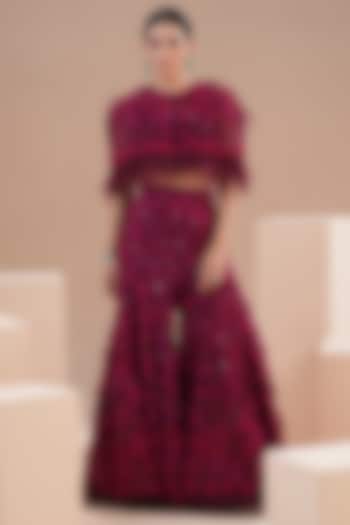 Wine Viscose Crepe Pear Hand Embroidered Gharara Set by Not So Serious by Pallavi Mohan at Pernia's Pop Up Shop