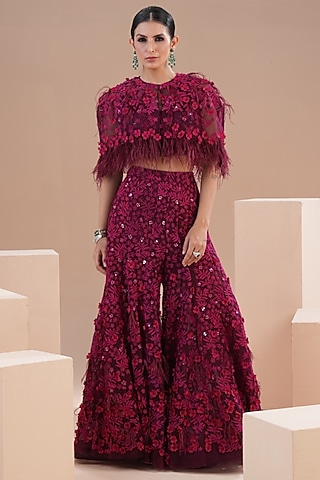 Wine Viscose Crepe Pear Hand Embroidered Gharara Set by Not So Serious by Pallavi Mohan