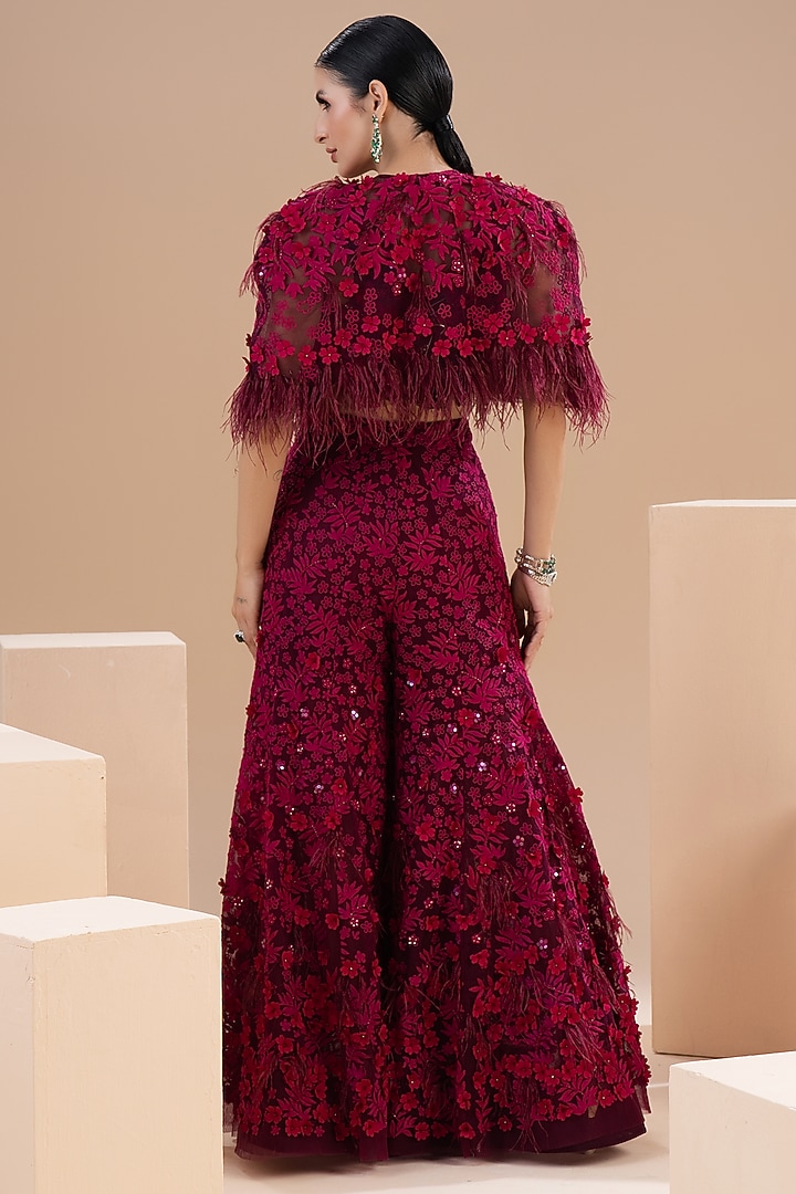 Wine Viscose Crepe Pear Hand Embroidered Gharara Set by Not So Serious by Pallavi Mohan at Pernia's Pop Up Shop