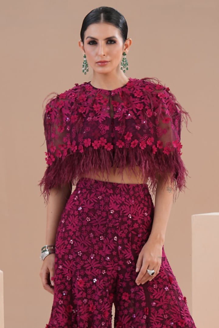 Wine Viscose Crepe Pear Hand Embroidered Gharara Set by Not So Serious by Pallavi Mohan at Pernia's Pop Up Shop