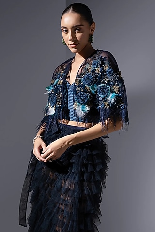 Navy Tulle Laser-Cared Embroidered Cape by Not So Serious by Pallavi Mohan