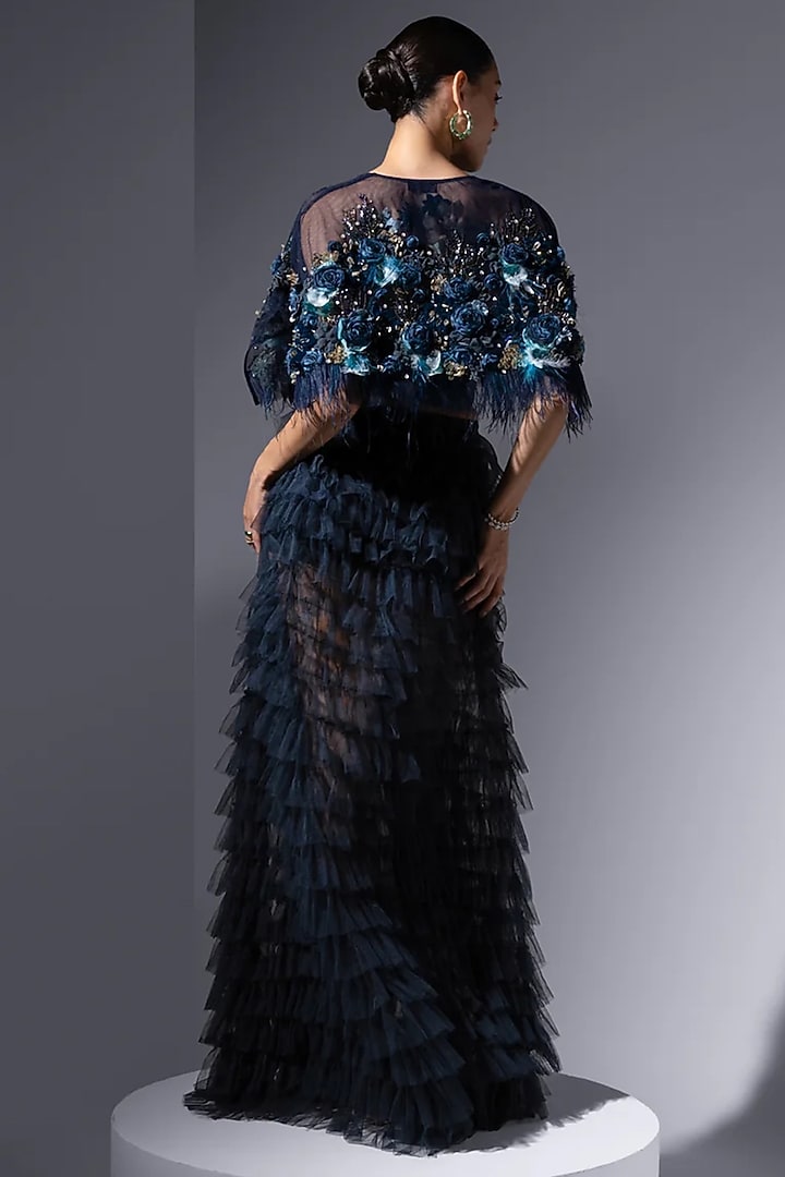Navy Tulle Laser-Cared Embroidered Cape by Not So Serious by Pallavi Mohan at Pernia's Pop Up Shop