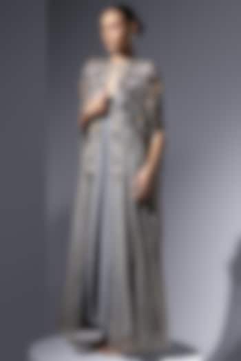 Ash Grey Soft Mesh Floral Motifs Embroidered Long Cape by Not So Serious by Pallavi Mohan at Pernia's Pop Up Shop
