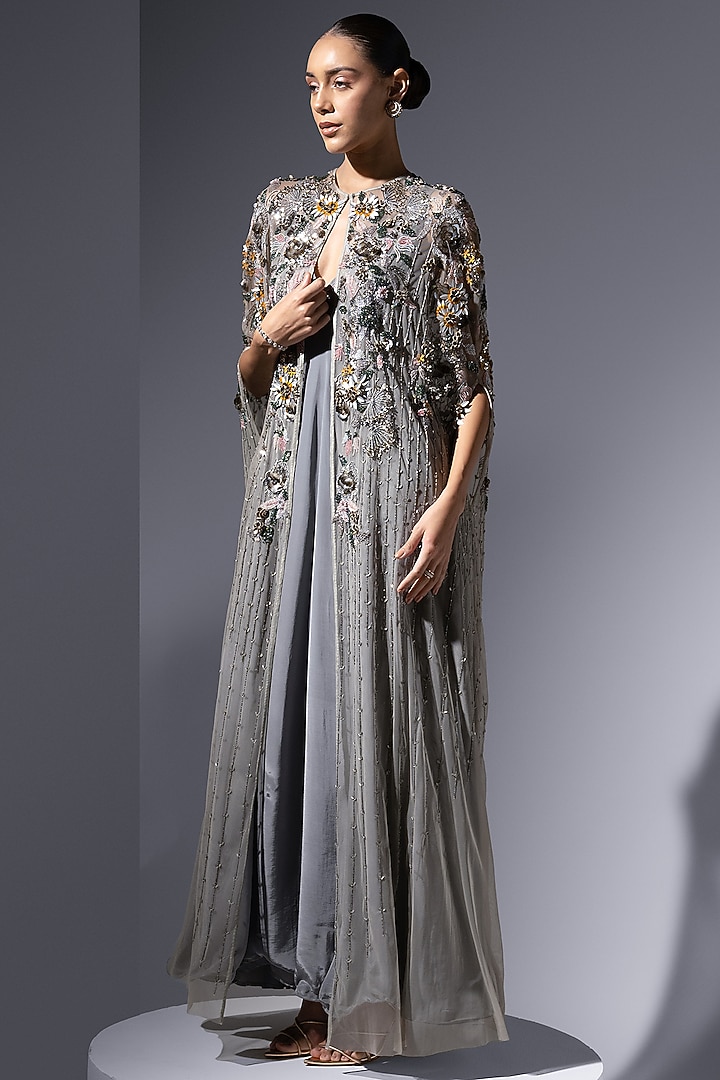 Ash Grey Soft Mesh Floral Motifs Embroidered Long Cape by Not So Serious by Pallavi Mohan at Pernia's Pop Up Shop