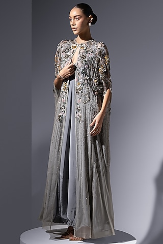 Ash Grey Soft Mesh Floral Motifs Embroidered Long Cape by Not So Serious by Pallavi Mohan