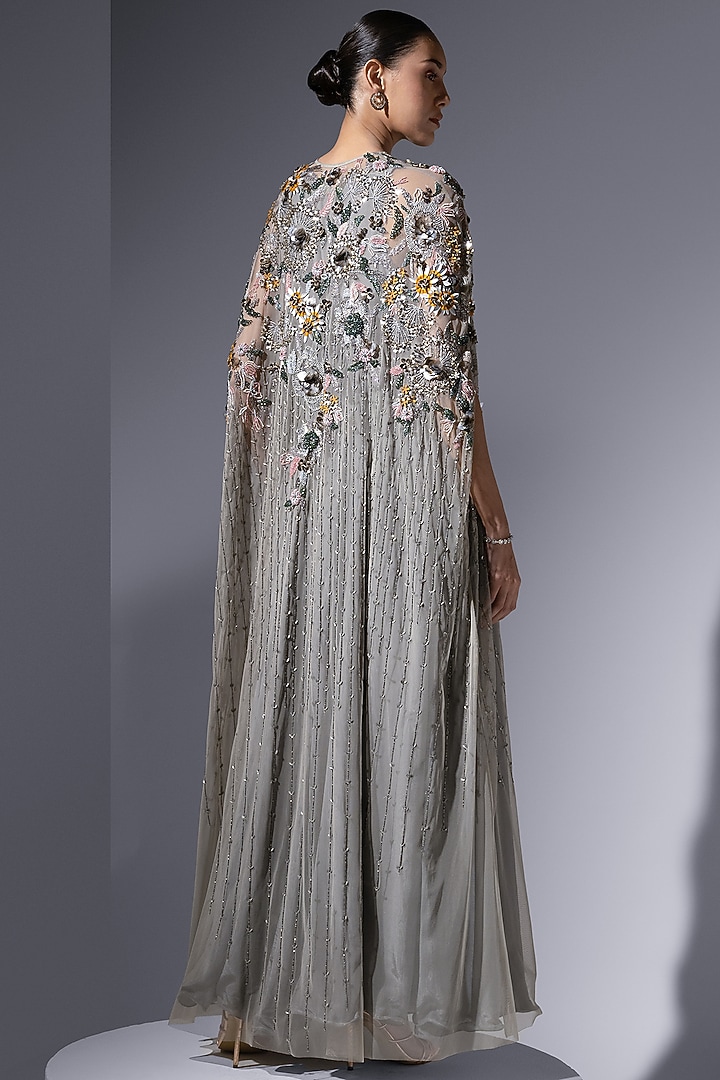 Ash Grey Soft Mesh Floral Motifs Embroidered Long Cape by Not So Serious by Pallavi Mohan at Pernia's Pop Up Shop