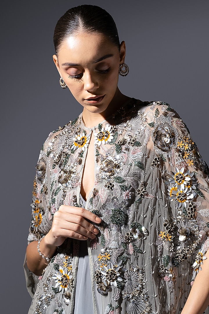 Ash Grey Soft Mesh Floral Motifs Embroidered Long Cape by Not So Serious by Pallavi Mohan at Pernia's Pop Up Shop