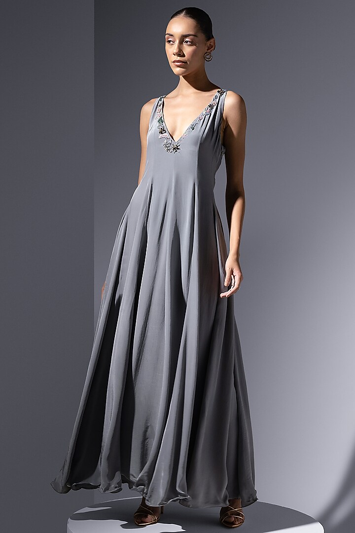 Ash Grey Luxe Crepe Embroidered Party Wear Dress by Not So Serious by Pallavi Mohan at Pernia's Pop Up Shop
