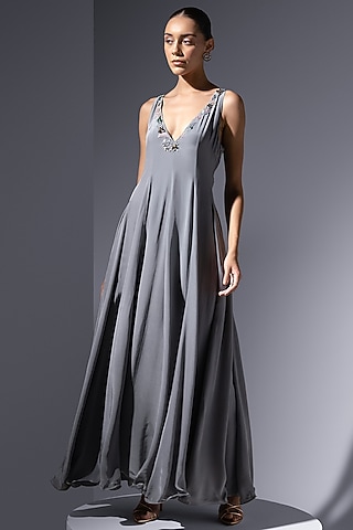 Ash Grey Luxe Crepe Embroidered Dress by Not So Serious by Pallavi Mohan