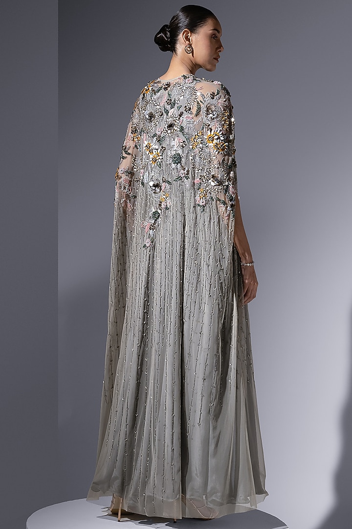 Ash Grey Luxe Crepe Embroidered Party Wear Dress by Not So Serious by Pallavi Mohan at Pernia's Pop Up Shop