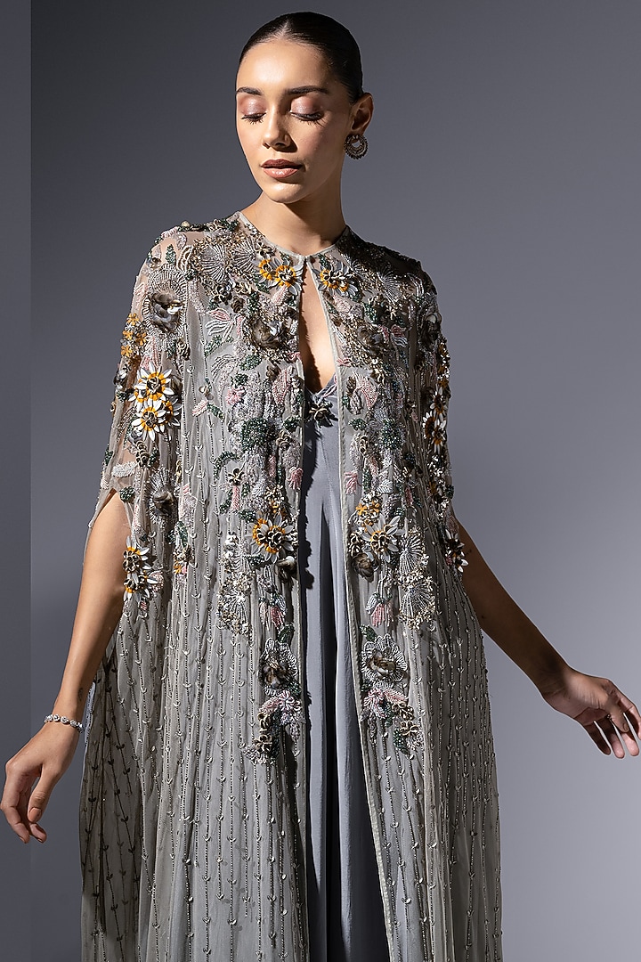 Ash Grey Luxe Crepe Embroidered Party Wear Dress by Not So Serious by Pallavi Mohan at Pernia's Pop Up Shop