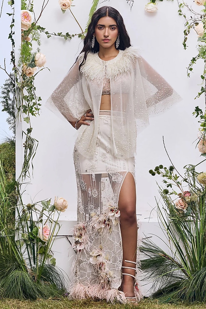 Ivory Mesh Embroidered Mini Skirt by Not So Serious by Pallavi Mohan at Pernia's Pop Up Shop