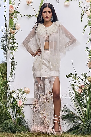 Ivory Mesh Embroidered Mini Skirt by Not So Serious by Pallavi Mohan