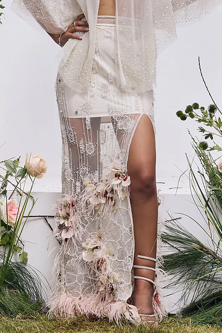 Ivory Mesh Embroidered Mini Skirt by Not So Serious by Pallavi Mohan at Pernia's Pop Up Shop