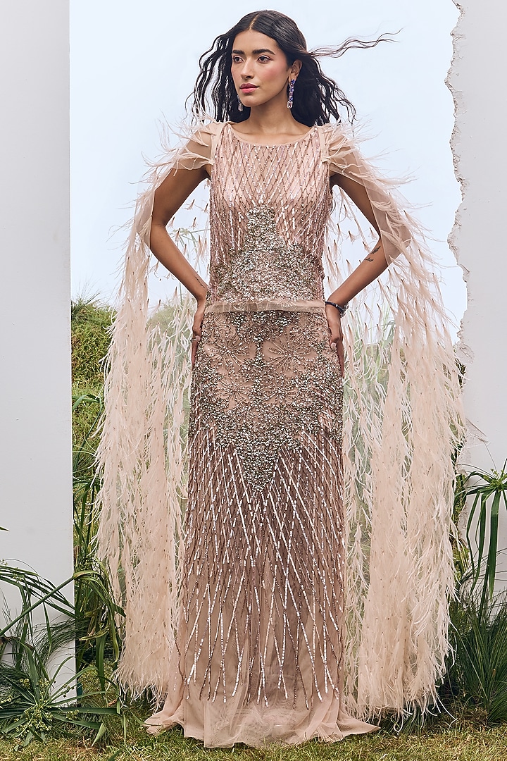 Old Rose Soft Mesh Embroidered Maxi Skirt by Not So Serious by Pallavi Mohan at Pernia's Pop Up Shop