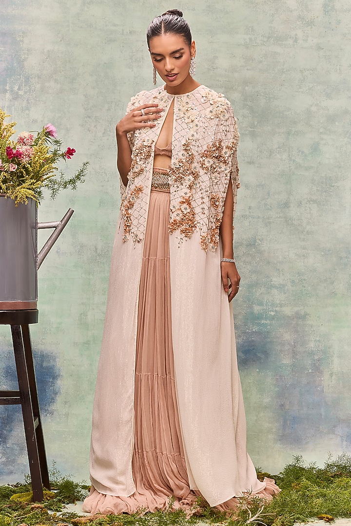 Ivory Lurex Georgette Embroidered Cape by Not So Serious by Pallavi Mohan at Pernia's Pop Up Shop