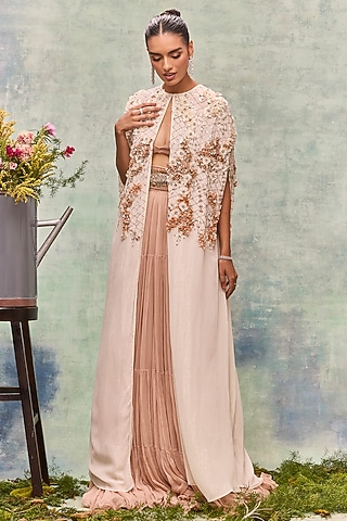 Ivory Lurex Georgette Embroidered Cape by Not So Serious by Pallavi Mohan