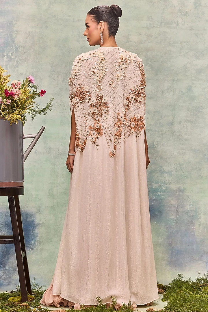 Ivory Lurex Georgette Embroidered Cape by Not So Serious by Pallavi Mohan at Pernia's Pop Up Shop