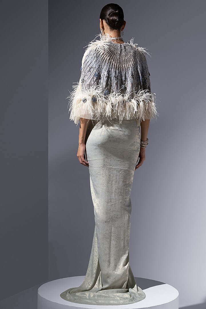 Mint Tulle Crystal Embroidered Short Cape by Not So Serious by Pallavi Mohan at Pernia's Pop Up Shop