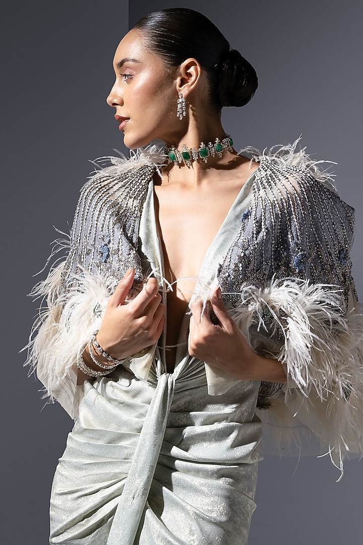 Mint Tulle Crystal Embroidered Short Cape by Not So Serious by Pallavi Mohan at Pernia's Pop Up Shop