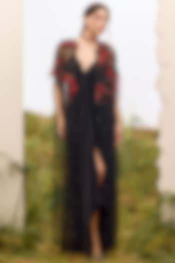 Black Soft Mesh Crystal Embroidered Cape by Not So Serious by Pallavi Mohan at Pernia's Pop Up Shop