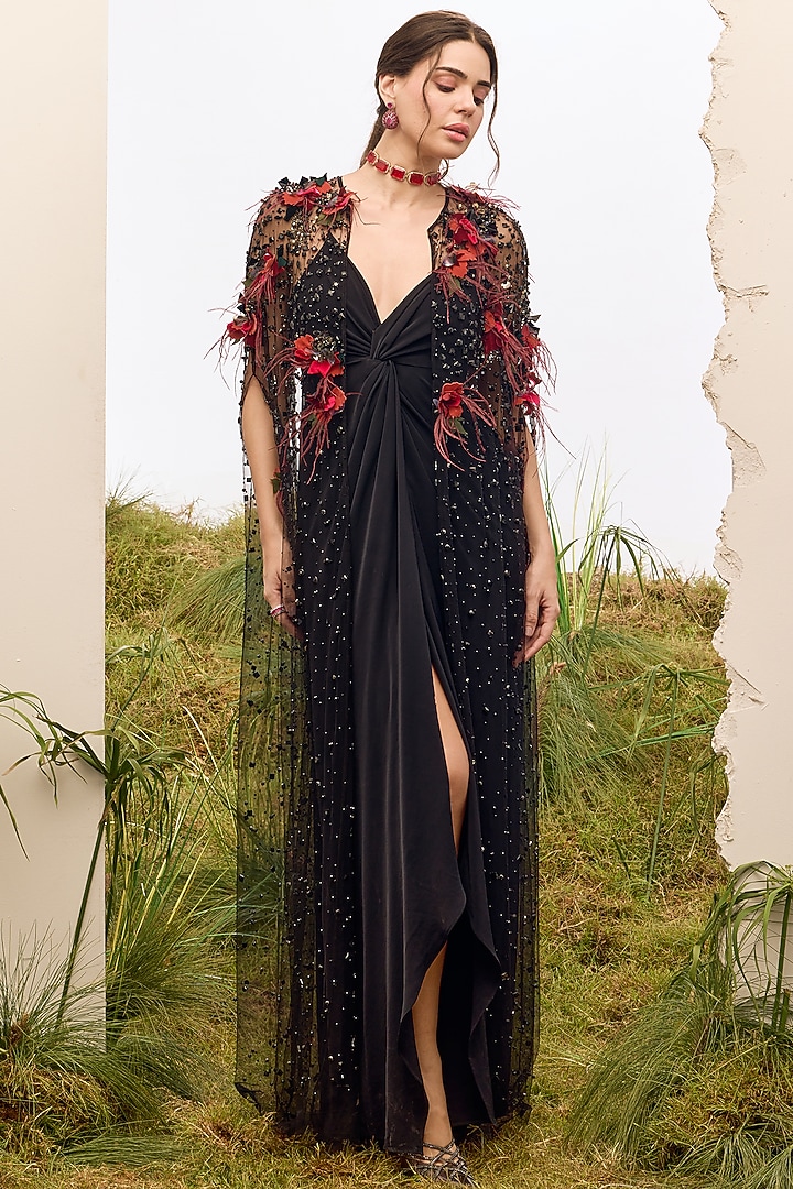 Black Soft Mesh Crystal Embroidered Cape by Not So Serious by Pallavi Mohan at Pernia's Pop Up Shop