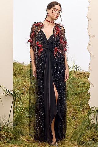 Black Soft Mesh Crystal Embroidered Cape by Not So Serious by Pallavi Mohan