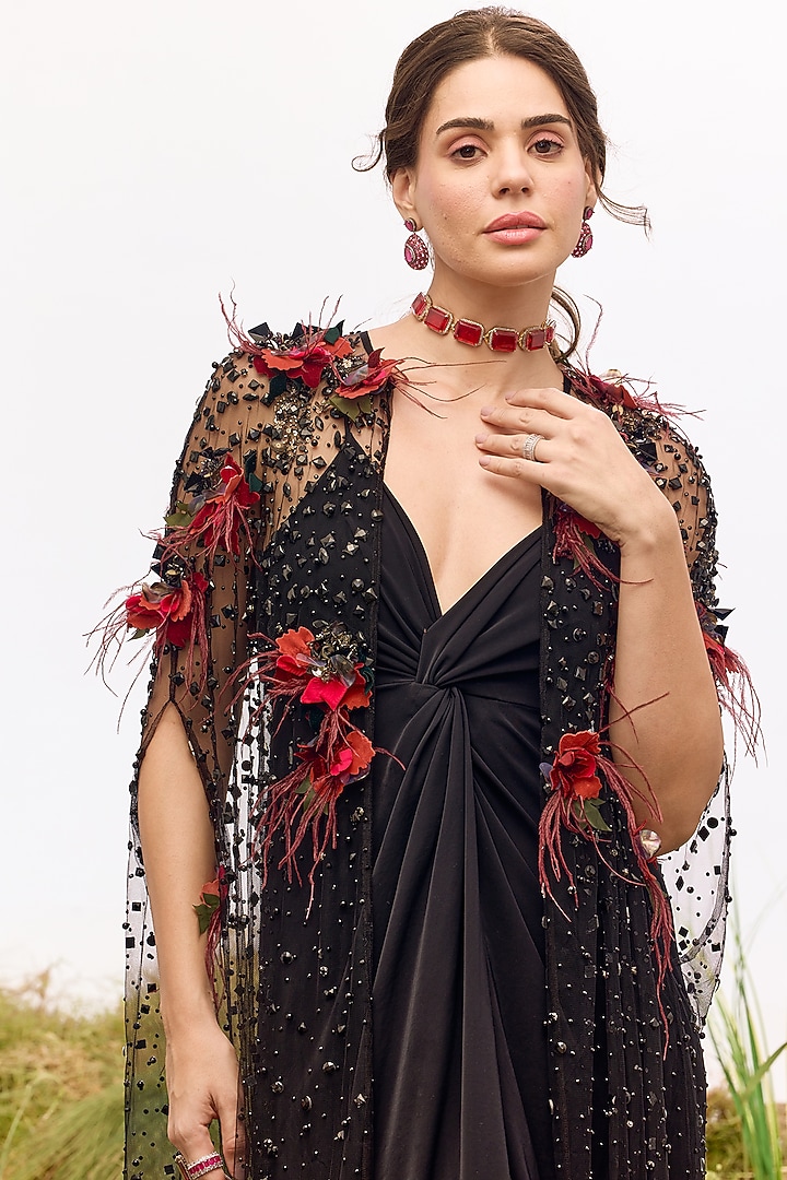 Black Soft Mesh Crystal Embroidered Cape by Not So Serious by Pallavi Mohan at Pernia's Pop Up Shop