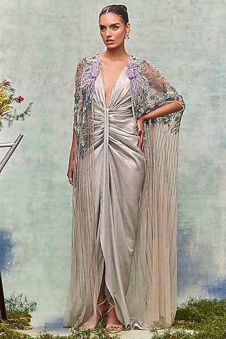 Mint Soft Mesh Embroidered Cape by Not So Serious by Pallavi Mohan