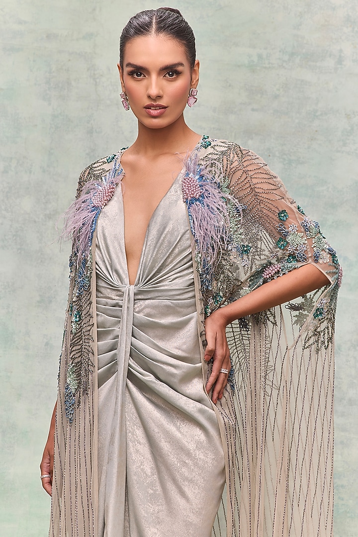 Mint Soft Mesh Embroidered Cape by Not So Serious by Pallavi Mohan at Pernia's Pop Up Shop
