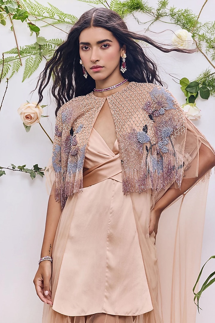 Nude Soft Mesh Beads Embroidered Cape by Not So Serious by Pallavi Mohan at Pernia's Pop Up Shop