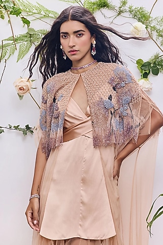 Nude Soft Mesh Beads Embroidered Cape by Not So Serious by Pallavi Mohan
