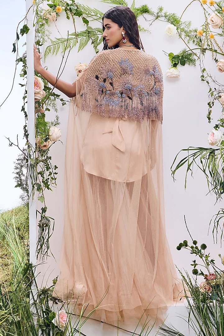 Nude Soft Mesh Beads Embroidered Cape by Not So Serious by Pallavi Mohan at Pernia's Pop Up Shop