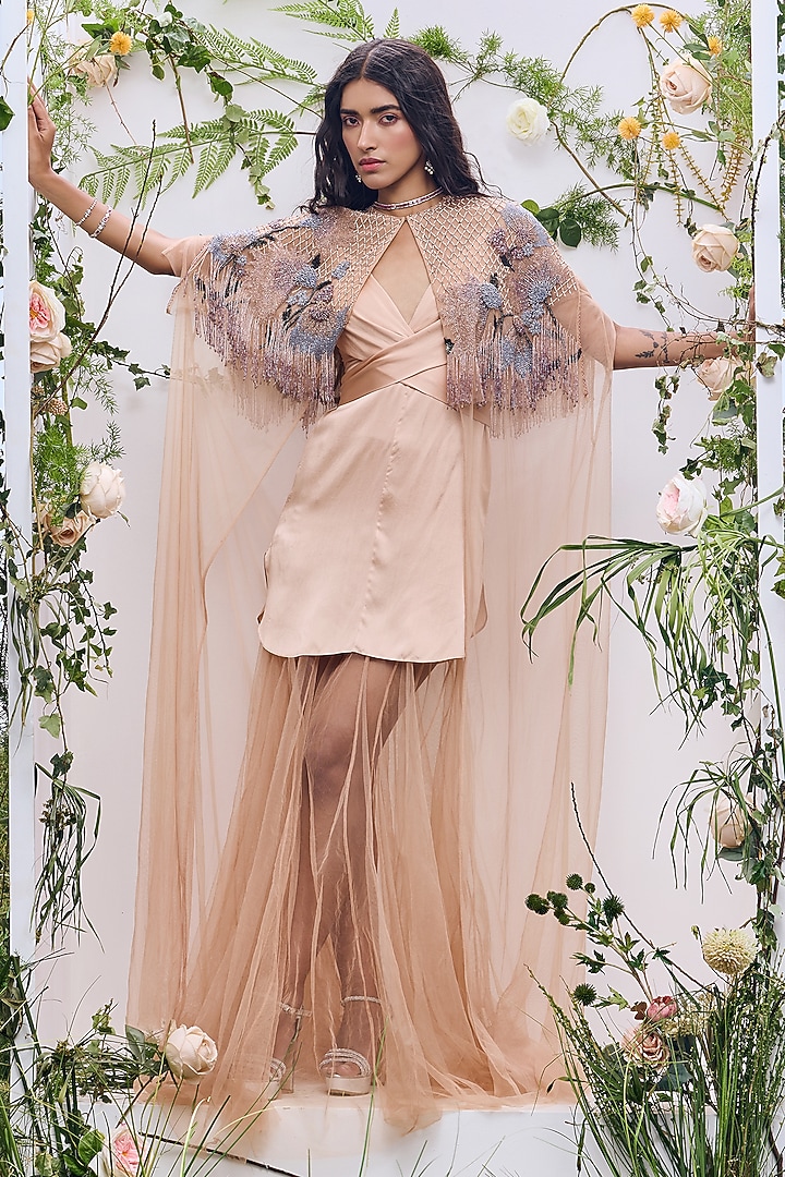 Nude Soft Mesh Beads Embroidered Cape by Not So Serious by Pallavi Mohan at Pernia's Pop Up Shop