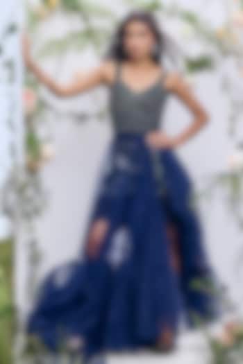 Navy Blue Silk Organza Applique Embroidered Midi Party Wear Dress by Not So Serious by Pallavi Mohan at Pernia's Pop Up Shop