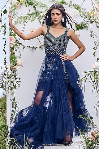 Navy Blue Silk Organza Applique Embroidered Midi Dress by Not So Serious by Pallavi Mohan