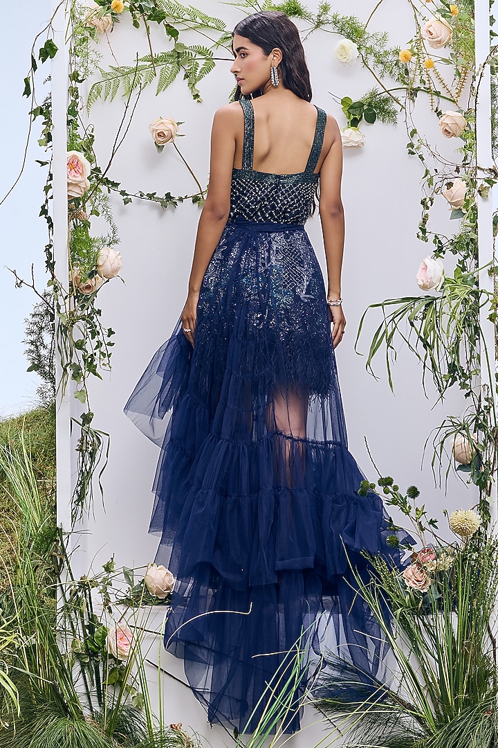 Navy Blue Silk Organza Applique Embroidered Midi Party Wear Dress by Not So Serious by Pallavi Mohan at Pernia's Pop Up Shop