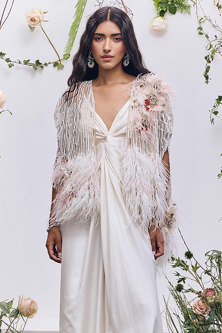Ivory Soft Mesh Crystal Embroidered Cape by Not So Serious by Pallavi Mohan at Pernia's Pop Up Shop