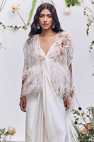Ivory Soft Mesh Crystal Embroidered Cape by Not So Serious by Pallavi Mohan