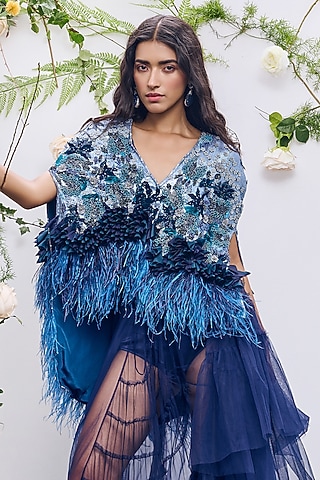 Cerulean Georgette Sequins Embroidered Cape by Not So Serious by Pallavi Mohan