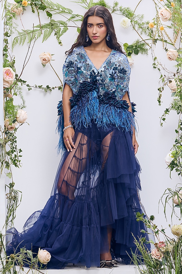 Cerulean Georgette Sequins Embroidered Cape by Not So Serious by Pallavi Mohan at Pernia's Pop Up Shop