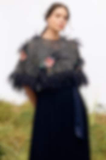 Navy Blue Tulle Floral Embroidered Cape by Not So Serious by Pallavi Mohan at Pernia's Pop Up Shop