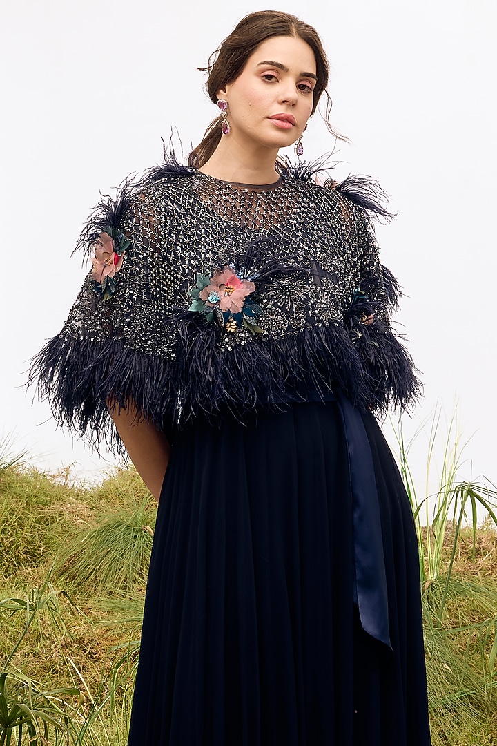 Navy Blue Tulle Floral Embroidered Cape by Not So Serious by Pallavi Mohan at Pernia's Pop Up Shop