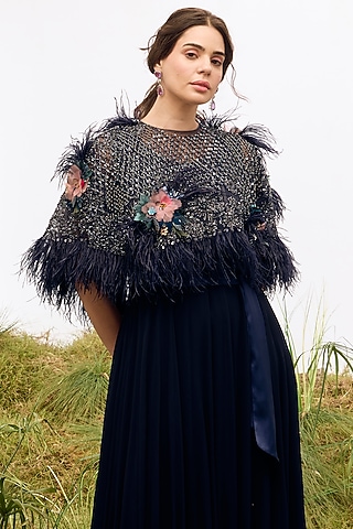 Navy Blue Tulle Floral Embroidered Cape by Not So Serious by Pallavi Mohan